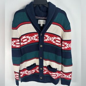 Sun + Stone Navy Green and Red Southwest Aztec Patterned Cardigan Medium